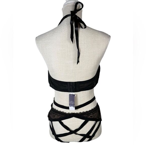 Lane Bryant Cacique Black Pink Lace Strappy Waist Open Back Lingerie Bodysuit - Picture 2 of 4